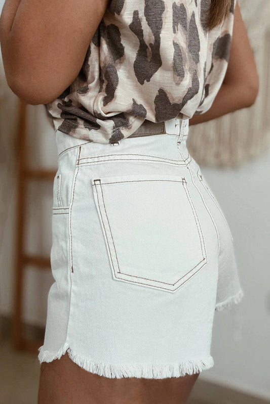 White Raw Hem High Waist Denim Shorts: White / 98%Cotton+2%Elastane
