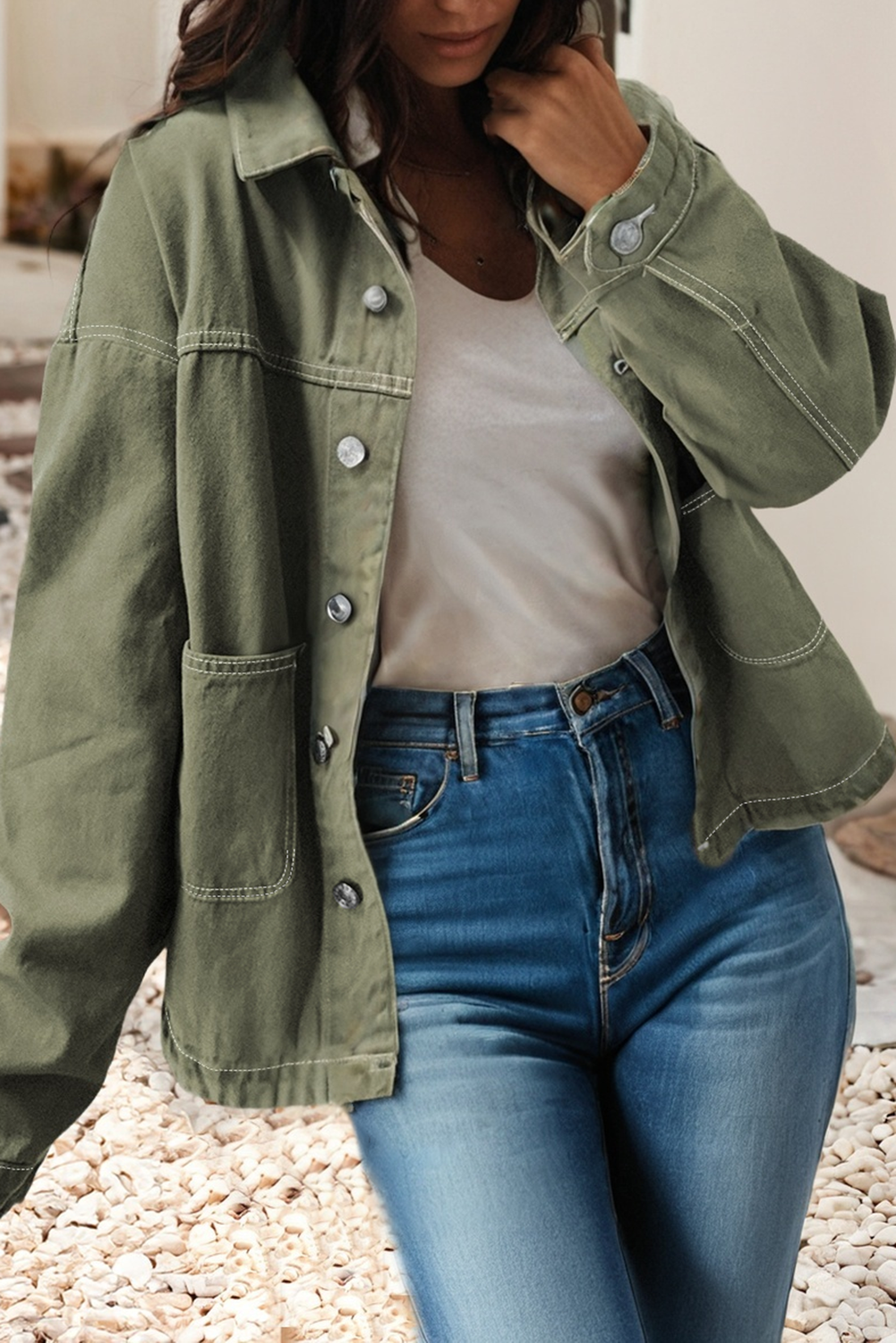 LDC Patched Pocket Collared Button Front Denim Jacket: Smoke Green