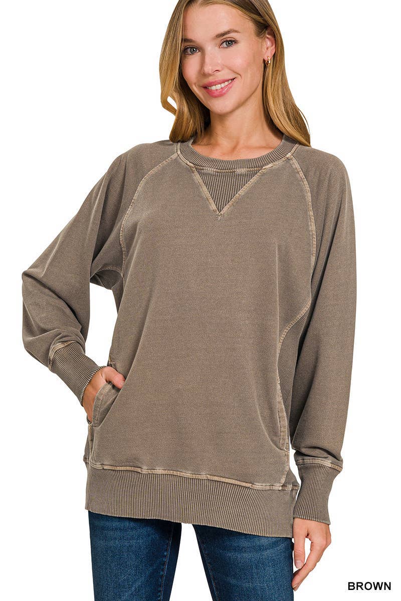 Pigment Dyed French Terry Pullover With Pockets: BROWN