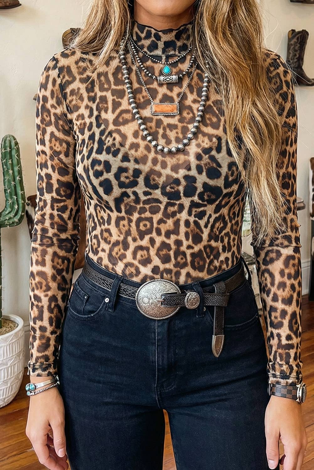 LDC Leopard Slim Fit Floral Mesh Long Sleeve Mock Neck Top: Camel