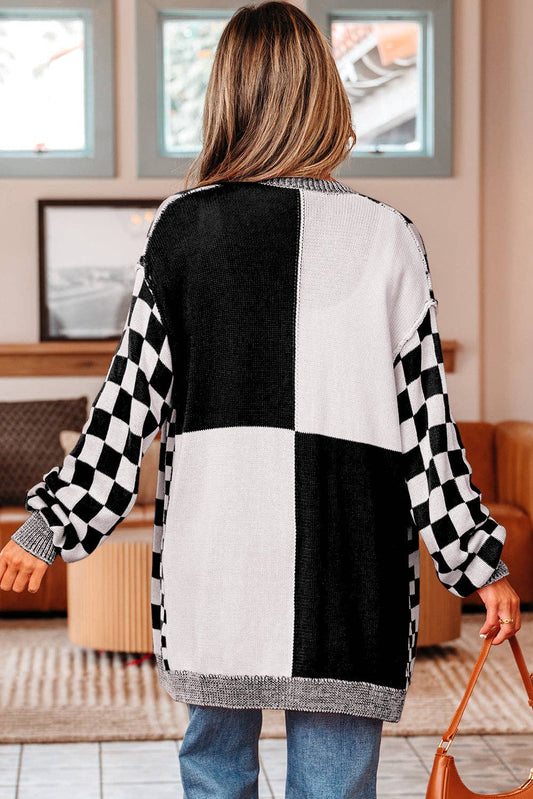 Checker Drop Shoulder Cardigan: Black