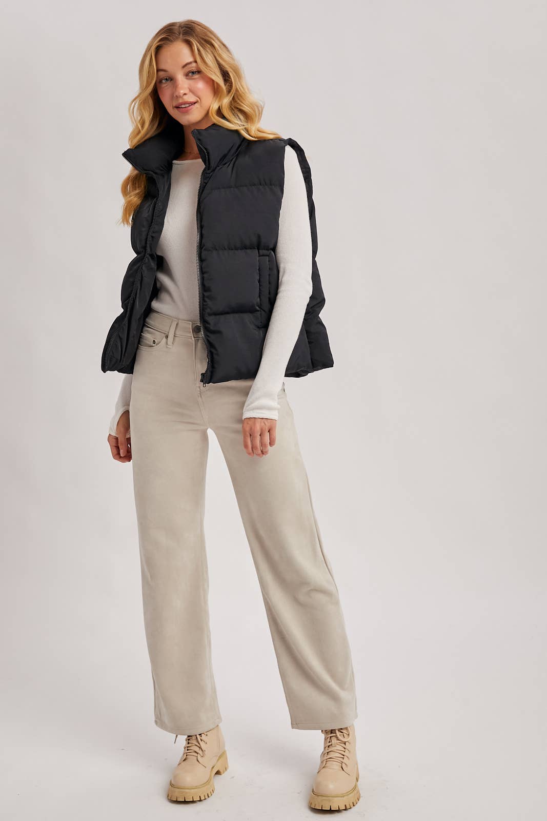 ZIPPER FRONT PUFFER VEST: Black