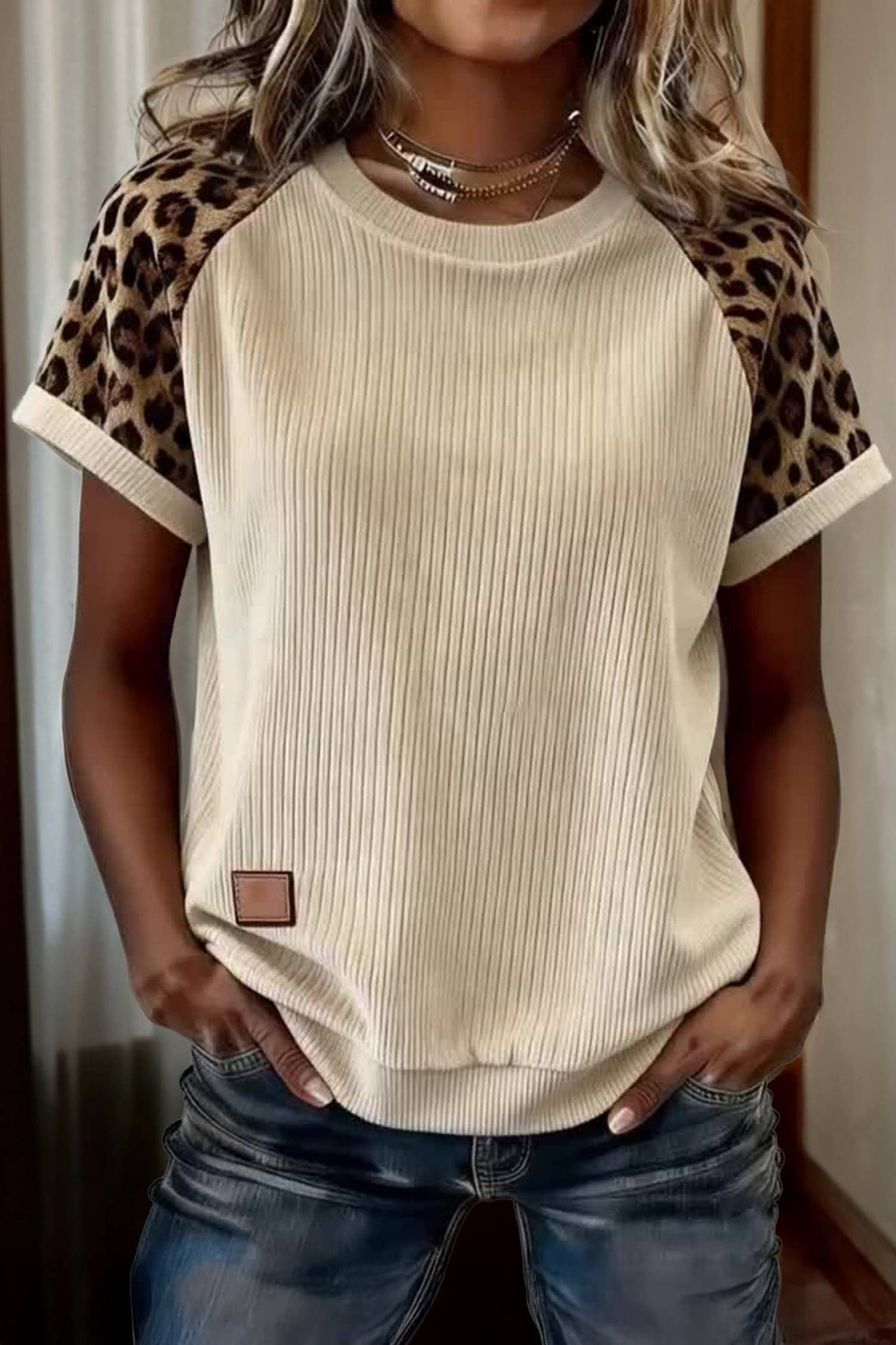 Ribbed Color Block Leopard Contrast Sleeve Loose Tee (S-XL): Brown / Missy