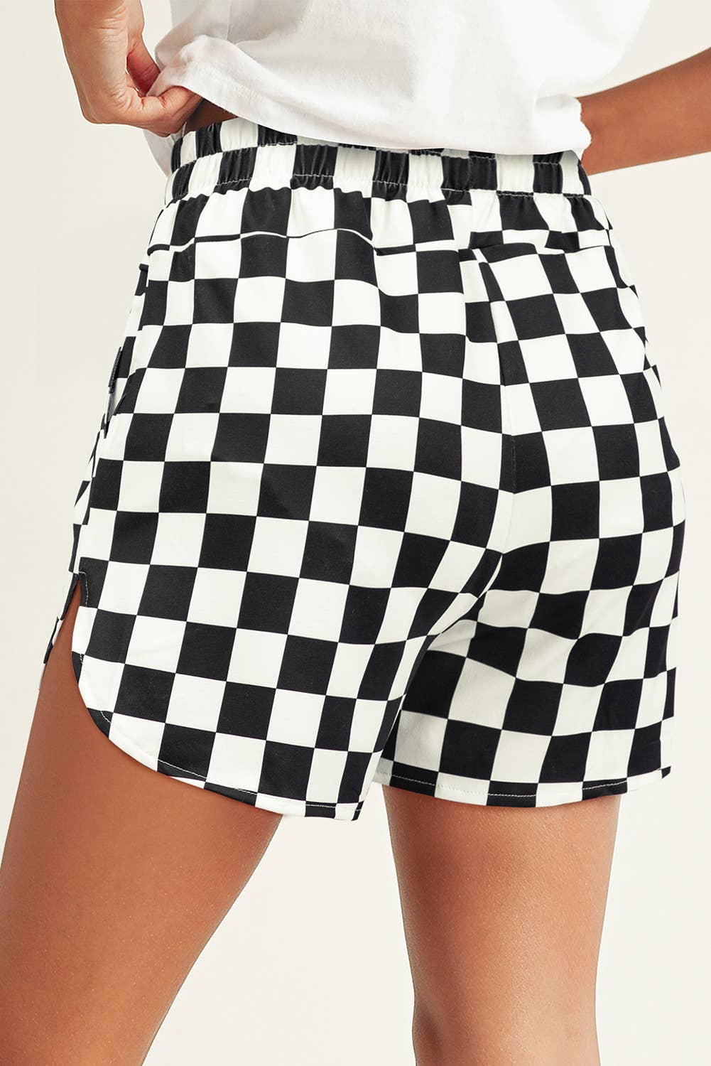 LDC Checkered Print High Waist Casual Shorts: Black