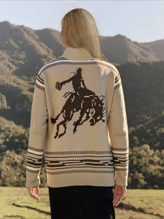 Western Cowboy Rodeo Horse Knit Sweater Cardigan: Khaki / L