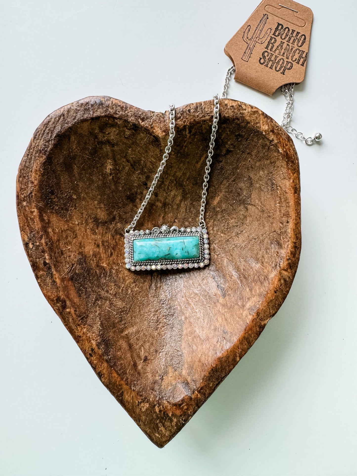 Western Semi Stone Bar Necklace - with Rhinestone edge: TURQUOISE