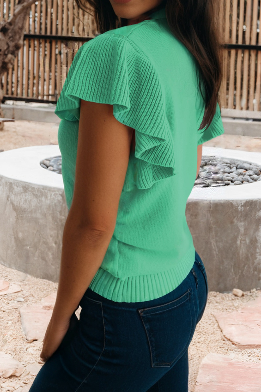 Ribbed Trim Ruffle Short Sleeve Sweater (S-4X): Bright Green