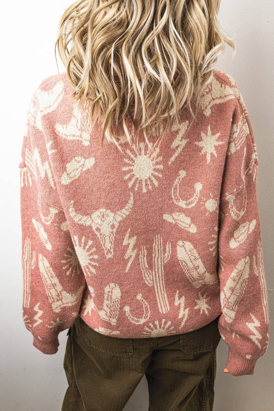 Western Print Drop Shoulder Long Sleeve Sweater