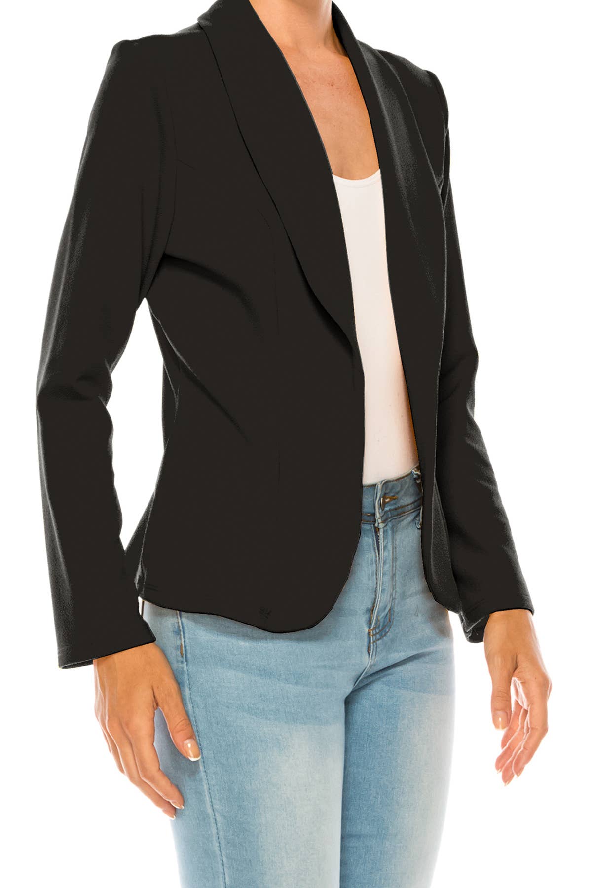 Women’s Solid Open Front Fitted Blazer Jacket – Waist Length: Black