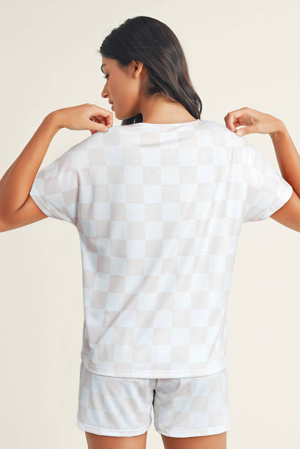 LDC Checkered V Neck Tee Drawstring Shorts Lounge Set: Beige
