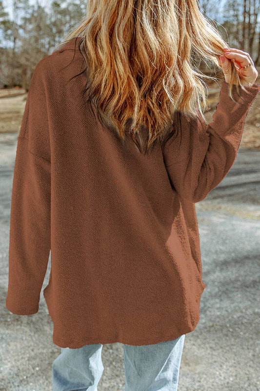 Solid Reverse Seam Button-Front Terry Shacket: Brown