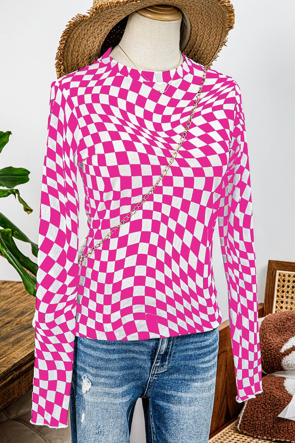 Western Checkered Pattern Mesh Mock Neck Long Sleeve Top: Rose / Missy