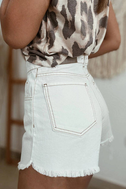 White Raw Hem High Waist Denim Shorts: White / 98%Cotton+2%Elastane