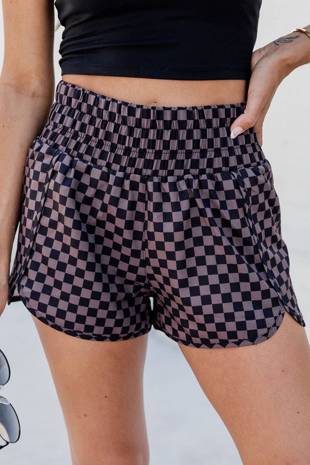 66 Leopard/Checkered High Waisted Athletic Shorts (S-XL): Brown Checkered / Missy