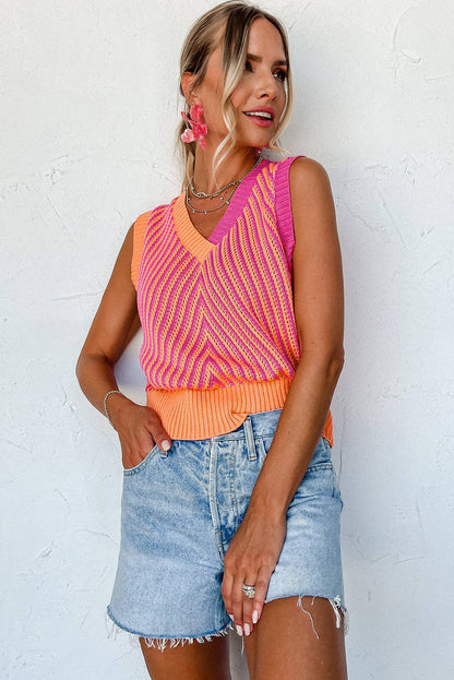 Strawberry Pink Contrast Chevron Knit V Neck Sweater Vest: Strawberry Pink / 100%Viscose