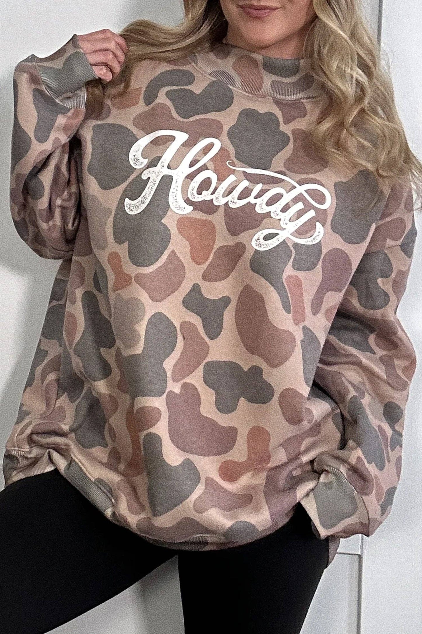 Multicolour Camo Print Howdy Western Style Baggy Pullover Sweatshirt: Multicolour / 100%Polyester