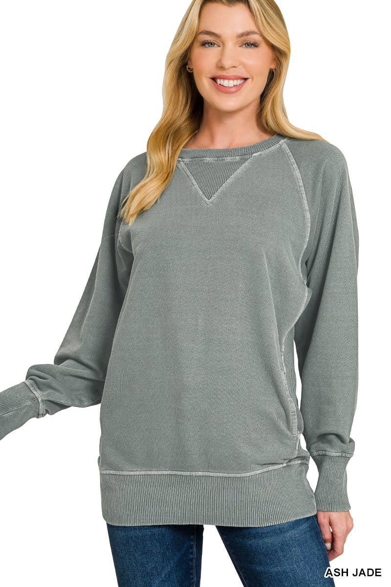 Pigment Dyed French Terry Pullover With Pockets: ASH JADE