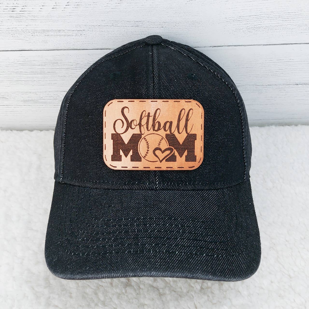 Denim Hat With Softball Mom Leather Patch: Black denim