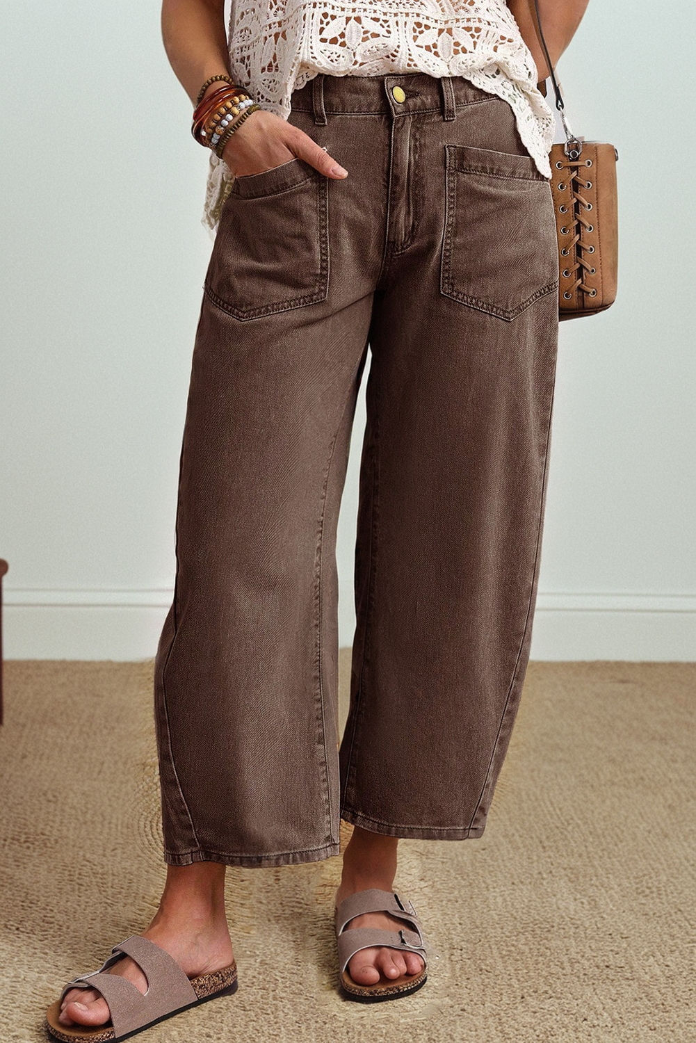 LDC Solid Square Patch Pocket Ankle-length Barrel Jeans: Coffee