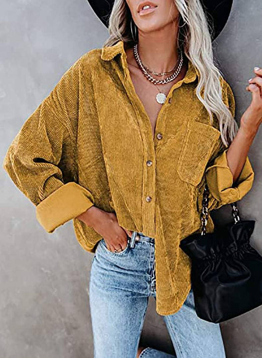 Oversize button down long sleeve corduroy jacket: MUSTARD