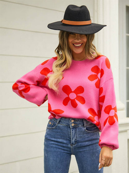 70s Flower Power Knit Sweater SZ53-SW9214: Pink
