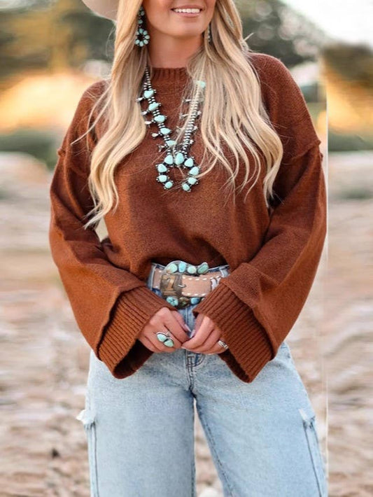 Western Cowboy flare sleeve knit sweater pullover in brown: Brown