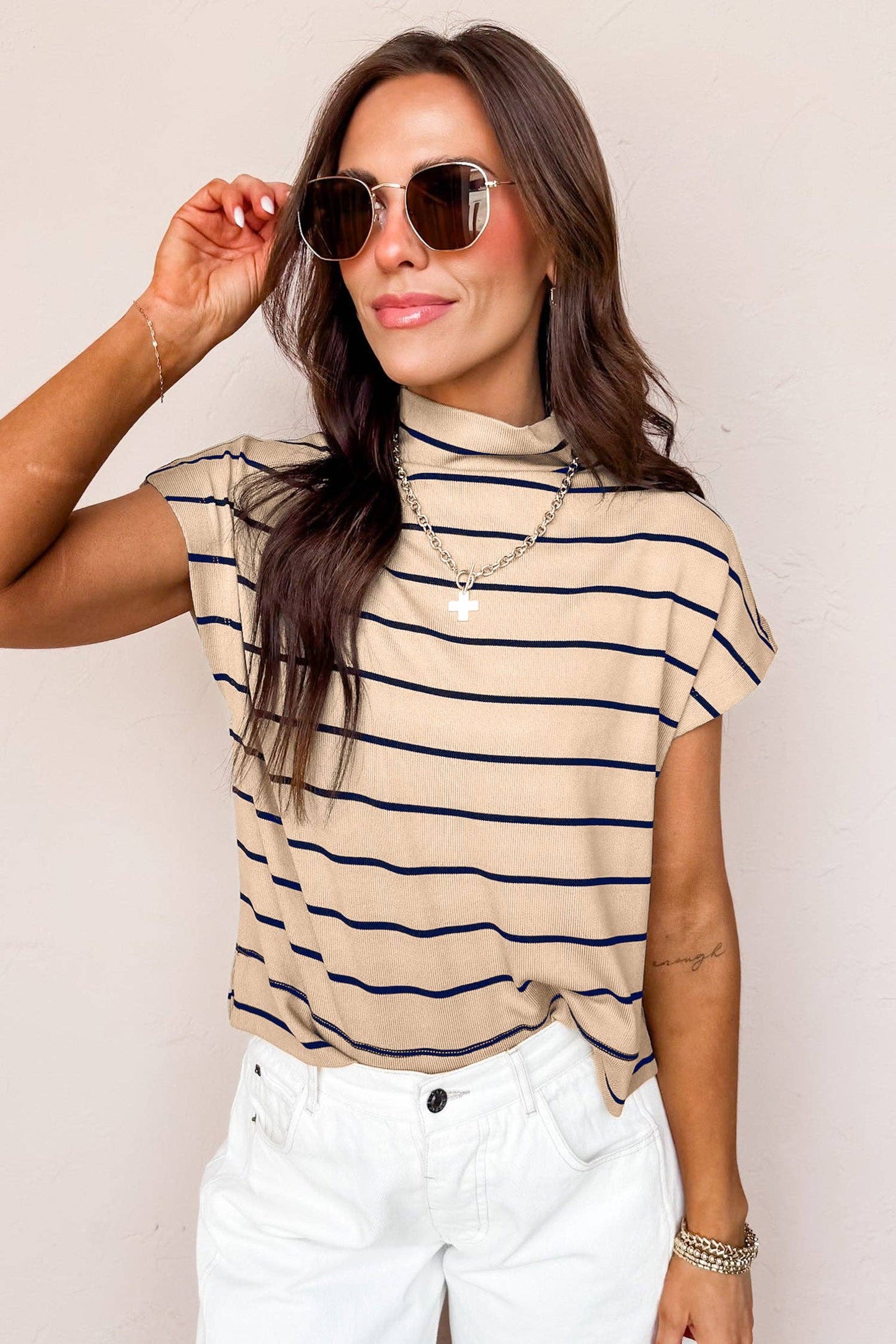 Khaki Stripe Mock Neck Short Sleeve Loose Top: Khaki Stripe / 95%Cotton+5%Elastane