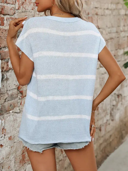 Ladies Round Neck Thick Knit Casual Striped Sweater: Blue / 70%Acrylic+30%Nylon