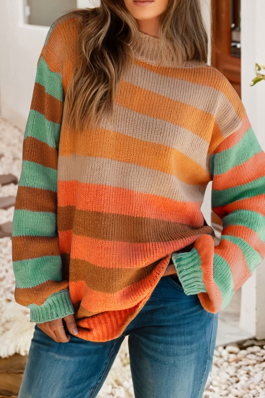 LDC Stripe Color Block High Neck Drop Shoulder Cozy Sweater: Orange
