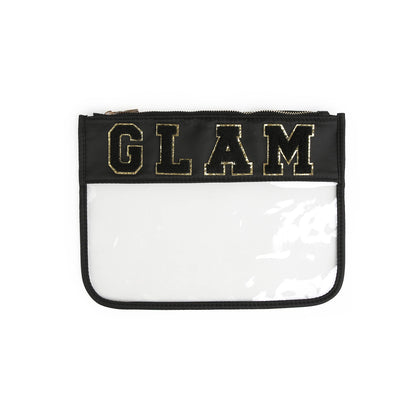 Varsity Letter Patch Clear Zippered Pouch Bag: White with TRAVEL