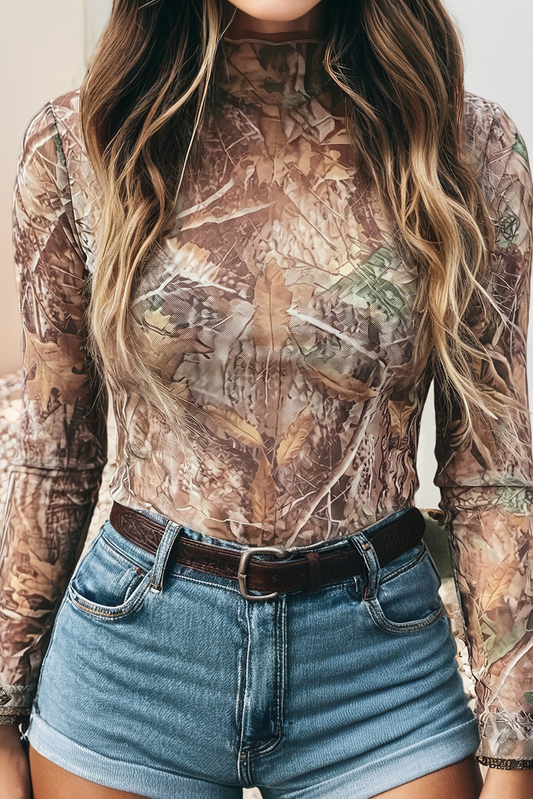 LDC Western Print Slim Fit Mesh Long Sleeve Mock Neck Top: Smoke Gray
