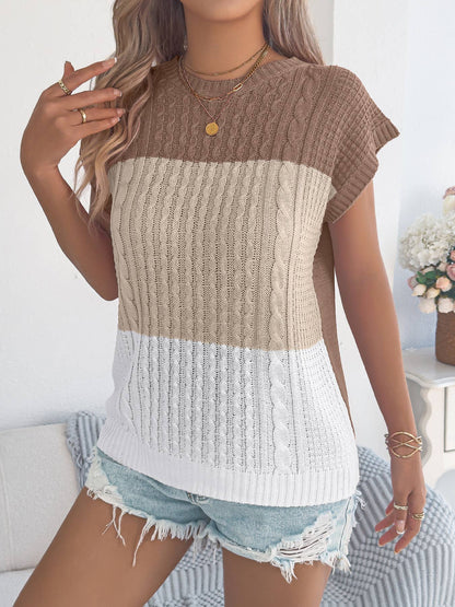 Color Block Cable Knit Short Sleeve Pullover Top: Khaki
