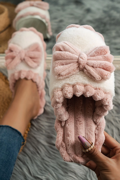 LDC Bow Decor Color Block Ribbed Plush Slippers: Fushia