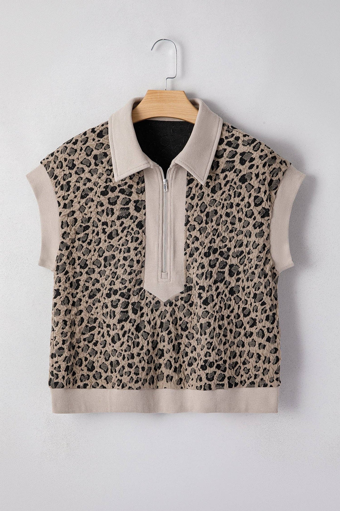 Leopard Textured Zip Polo Top Cap Sleeve Casual Knit: Beige / 85%Polyester+10%Cotton+5%Elastane /
