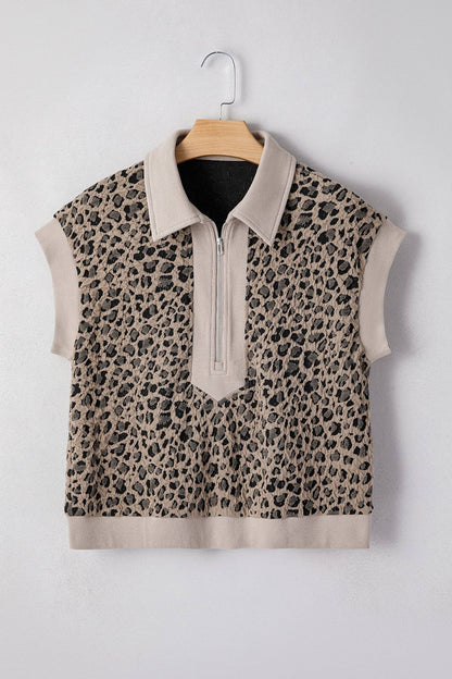 Leopard Textured Zip Polo Top Cap Sleeve Casual Knit: Beige / 85%Polyester+10%Cotton+5%Elastane /