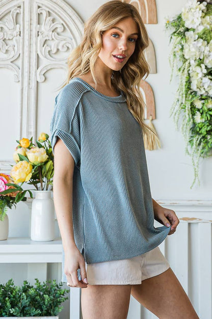 Solid Rib Drop Shoulder Side Slit Short Sleeve Top T5160: Denim BLue