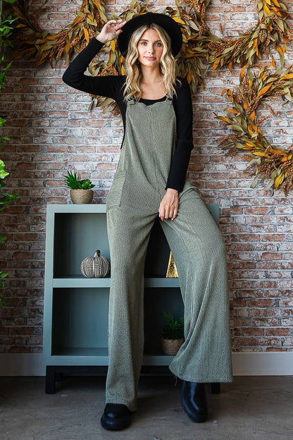 Rib Knit Wide Leg Adjustable Strap Overall Jumpsuit J5293: Olive