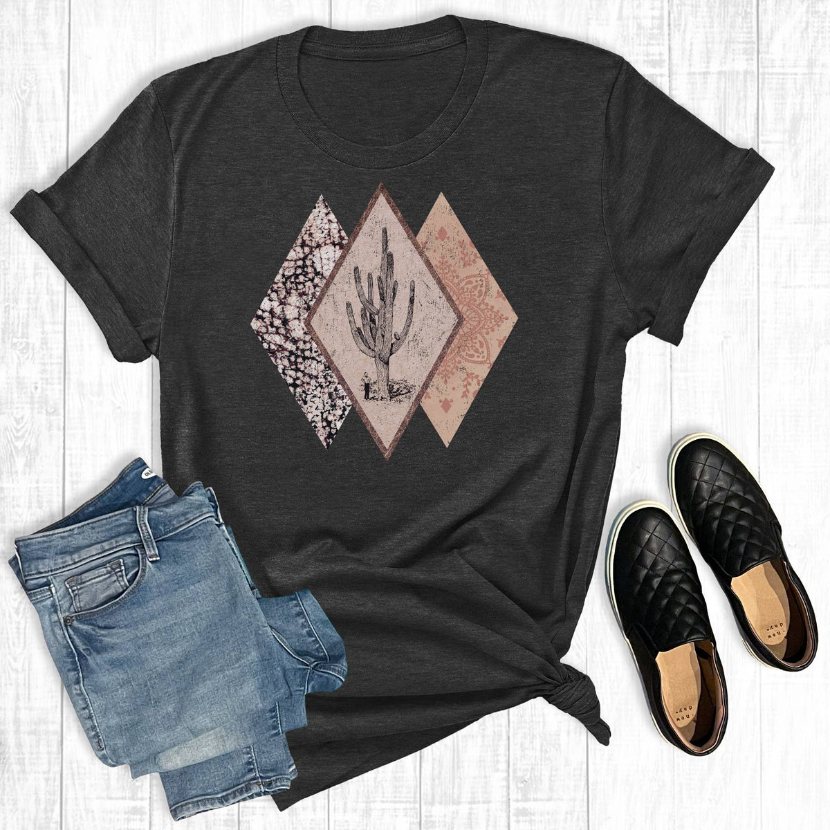 Western Diamonds Cactus: Charcoal / L / Short Sleeve