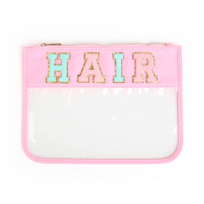 Varsity Letter Patch Clear Zippered Pouch Bag: White with TRAVEL