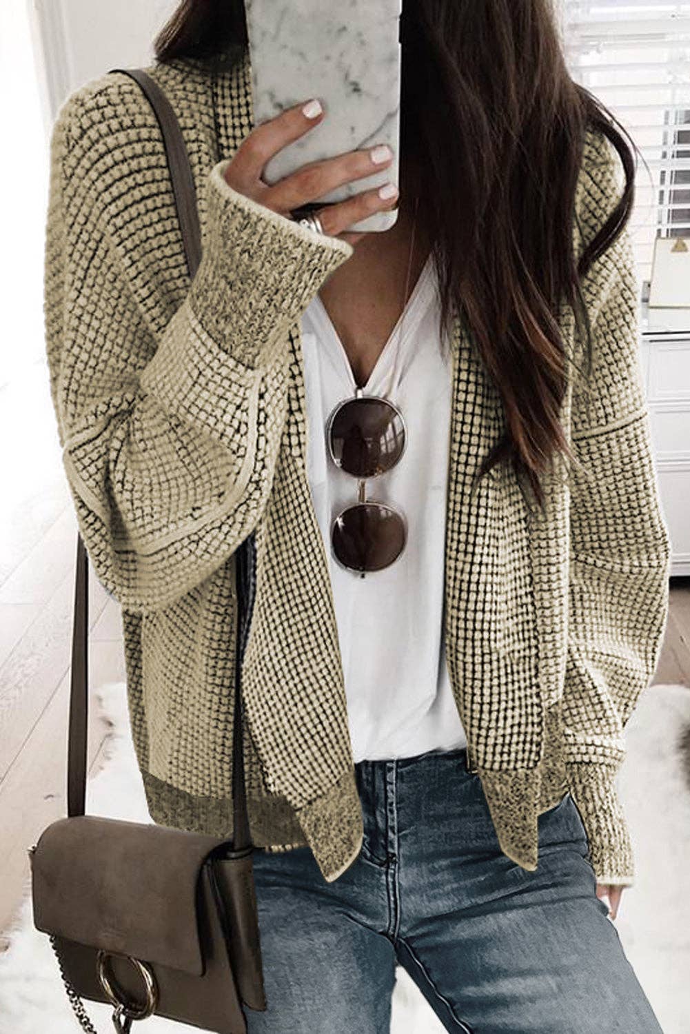 Plaid Contrast Trim Open Front Cardigan: Apricot / 65%Acrylic+35%Polyester