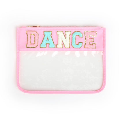 Varsity Letter Patch Clear Zippered Pouch Bag: White with TRAVEL