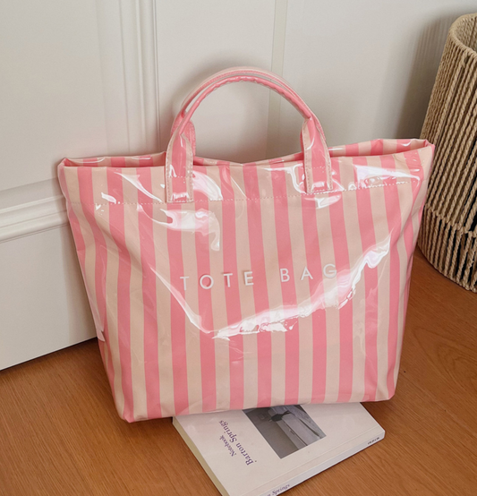 Print Striped Tote Bag Snap Plaid Waterproof Beach Bag: Pink / M