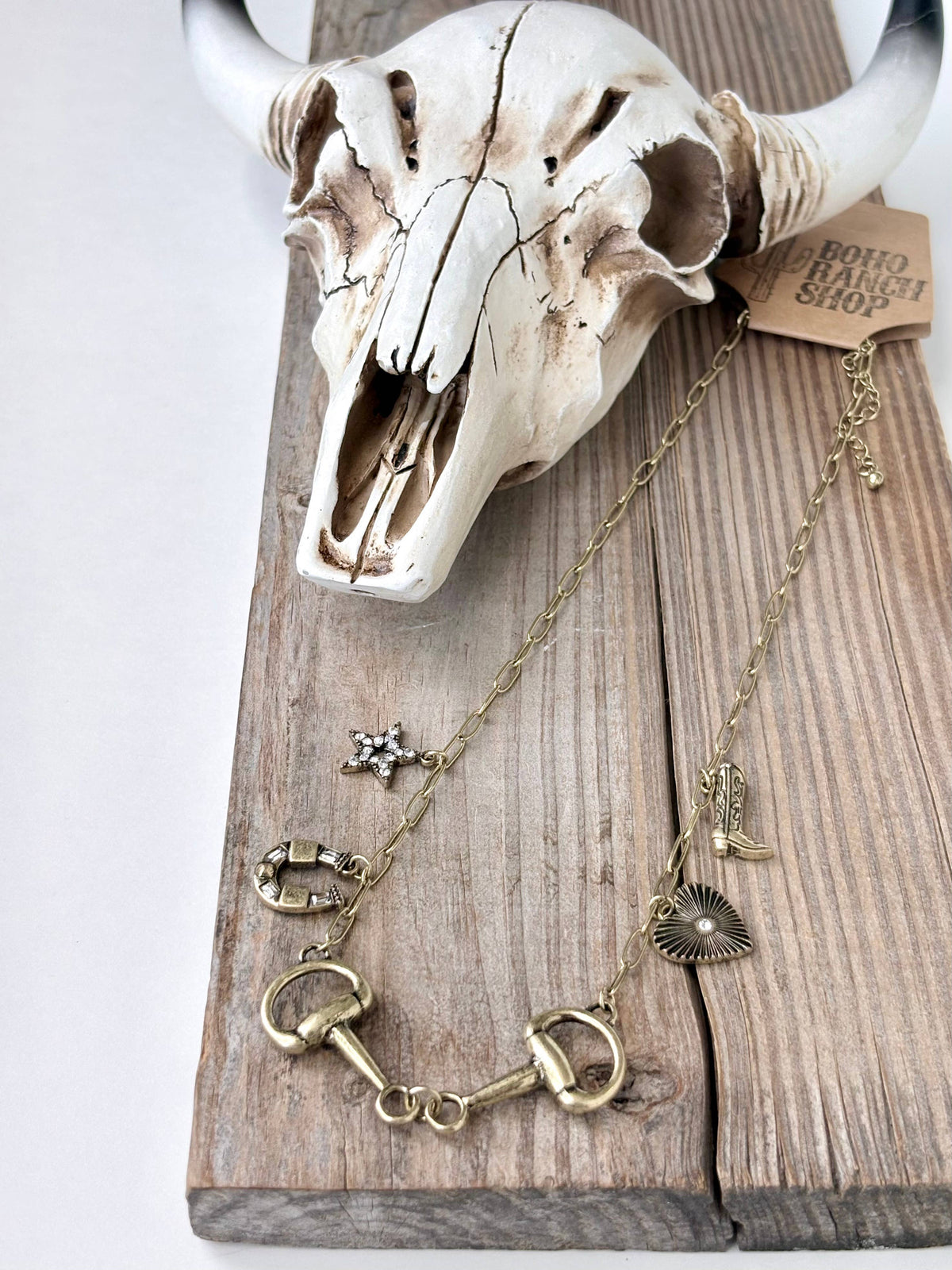 Western Charm & Horse Bit Pendant Necklace: Gold