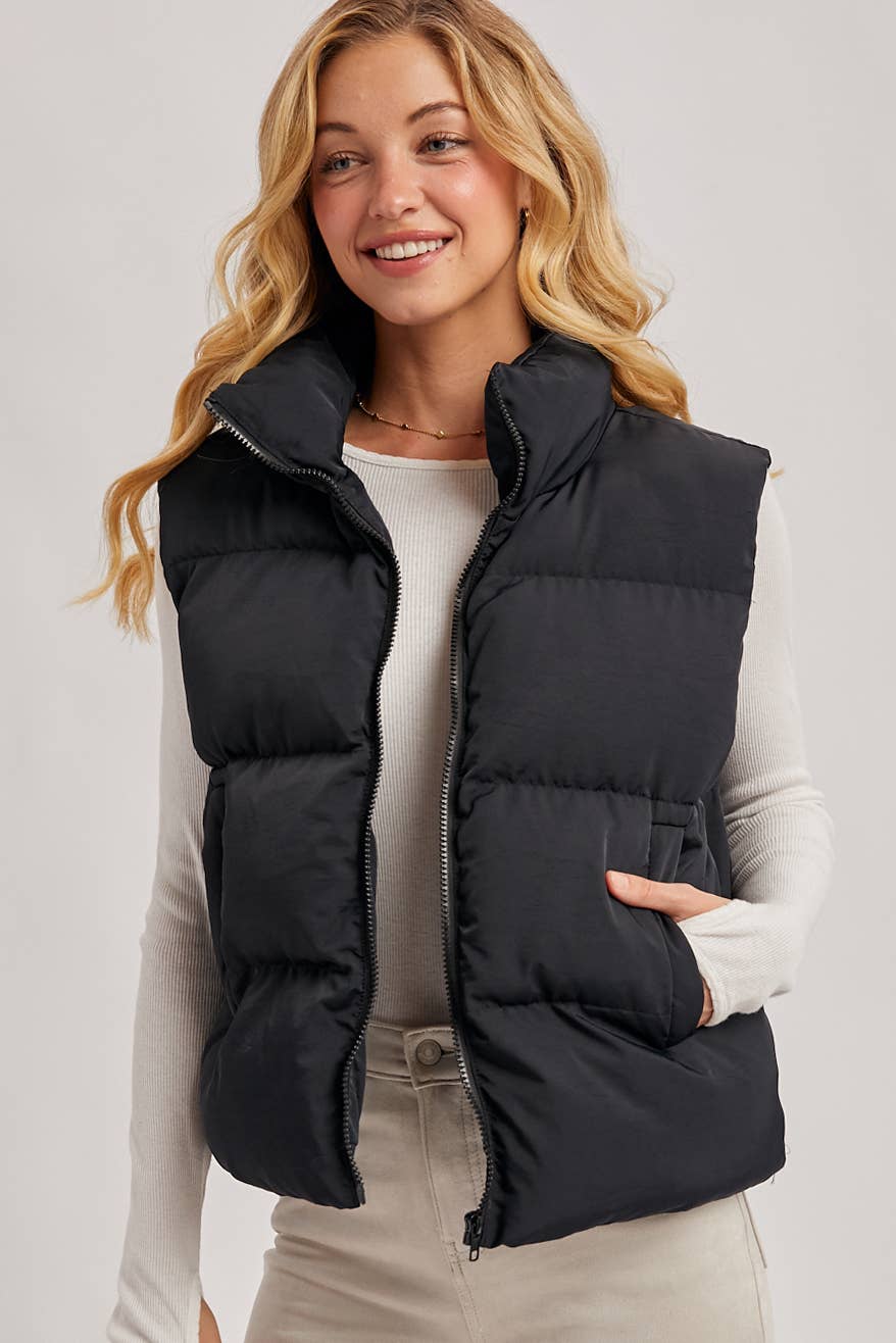 ZIPPER FRONT PUFFER VEST: Black