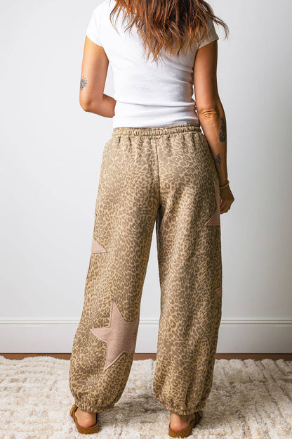 Leopard Star Patched Drawstring Elastic Jogger Pants| S-4X: Khaki / L