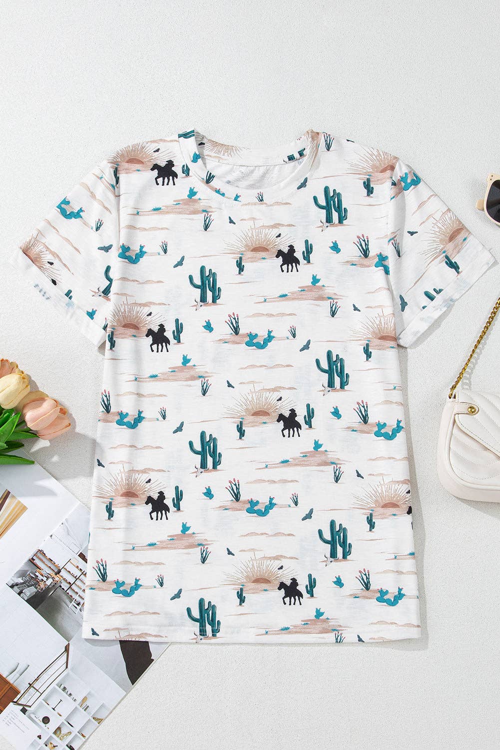 Beige Western Cactus Print Crew Neck Short Sleeve Top: Beige / 95%Polyester+5%Elastane