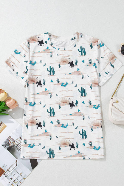 Beige Western Cactus Print Crew Neck Short Sleeve Top: Beige / 95%Polyester+5%Elastane