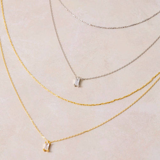 Layered Double Chain Baguette Cz Pendant Necklace: GOLD
