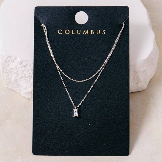 Layered Double Chain Baguette Cz Pendant Necklace: 2SILVER