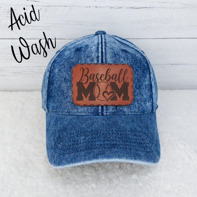 Denim Hat With Baseball Mom Leather Patch: Black denim